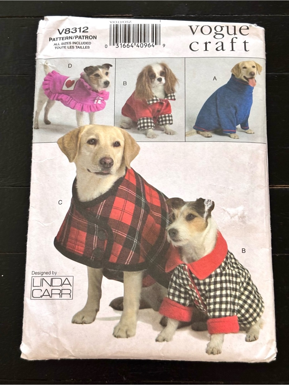 Vogue Craft V8312 Dog Coat by Linda Carr NEW UNCUT XS-XL